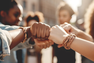 Obraz premium Group of young multiracial people making fist as symbol of unity, community, solidarity and teamwork, Generative ai 