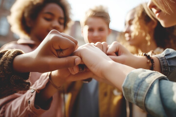 Group of young multiracial people making fist  as symbol of unity, community, solidarity and teamwork, Generative ai 