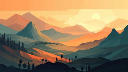 Colorful mountain landscape illustration, sunrise, desktop background, generative AI