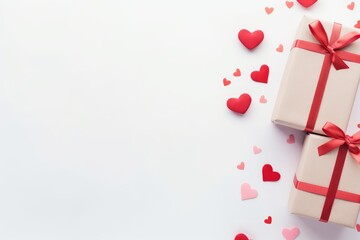 Gifts decorated with hearts. With free space for text on a white background. Valentine's Day concept with gifts and hearts background. Generative AI