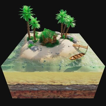 3d animation. Fragment of land with tropical island and ocean. Alpha channel