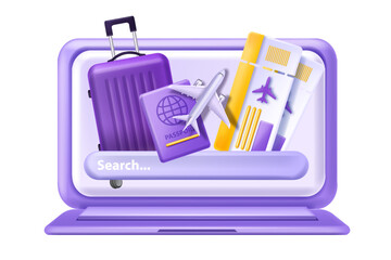 3D travel vacation ticket flight search vector online booking research hotel aeroplane data analysis. Tourism network marketing, internet journey planning, baggage, passport. Travel vacation clipart