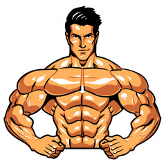 Muscular torso with hands on the belt fitness man, vector, logo, cartoon, mascot, character, illustration