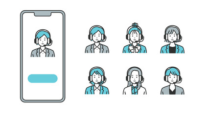 スマホに映るヘッドセットをしているスーツの女性 - ビジネスコミュニケーション向けベクターイラスト素材