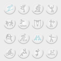 Summer sport line icon set, sport symbols collection, vector sketches, neumorphic UI UX buttons, sportsman signs linear pictograms package isolated on white background, eps 10.