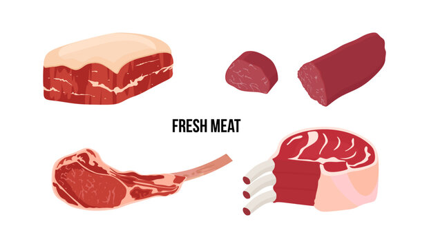 Set Of Different Cuts Of Meats. Pork Belly, Boneless And Fatty Cut Of Meat From The Belly Of A Pig. Beef Fillet, Fresh Tenderloin Steak. Piece Of Chop Lamb With Bone. Meat Steak On Rib Glyph. Vector