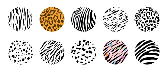 Big Set of round Abstract black Backgrounds or Patterns. Hand drawn doodle animal skin