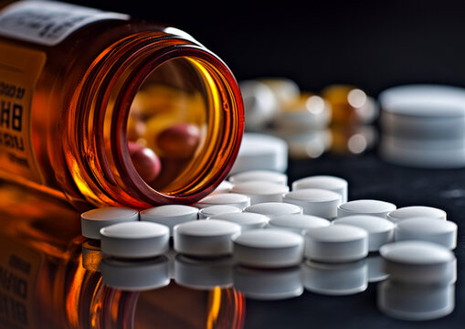 Oxycodone, Opioid prescription pills spilled onto a table. Addiction prescription pain killer tablets. Ai Generative image