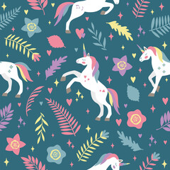 Obraz premium Seamless vector pattern with cute unicorns on a floral background. Ideal for textiles, wallpapers or prints.