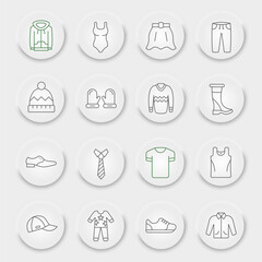 Clothes line icon set, clothing symbols collection, vector sketches, neumorphic UI UX buttons, wear signs linear pictograms package isolated on white background, eps 10.