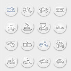 Transport line icon set, vehicle symbols collection, vector sketches, neumorphic UI UX buttons, traffic signs linear pictograms package isolated on white background, eps 10.
