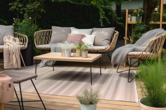  terrace with a comfortable leisure sofa with cushions, table, sofa in the yard and garden , ai generative