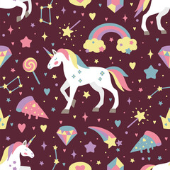 Seamless vector pattern with cute unicorns on a floral background. Ideal for textiles, wallpapers or prints.