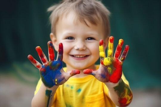 3 Year Old Funny Child Smiles And Shows Her Hands With Colored Paints After An Afternoon Of Drawing And Painting. Learning. Illustration. Generative AI