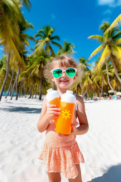 Little smiling girl in swimsuit with presenting sunblock bottle on the beach with palm trees and sand in the background. Sun protection for children. Holidays, Illustration - Generative AI