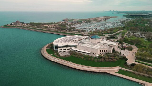 Aerial view of Shedd Aquarium and Adler Planetarium, Chicago, Illinois