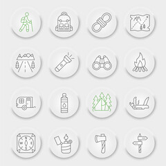 Camping line icon set, hiking symbols collection, vector sketches, neumorphic UI UX buttons, travel signs linear pictograms package isolated on white background, eps 10.