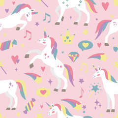 Seamless vector pattern with cute unicorns on a floral background. Ideal for textiles, wallpapers or prints.
