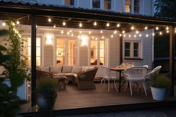 terrace with a comfortable leisure sofa with cushions, table, sofa in the yard and garden , ai generative