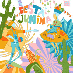 Set of windmill illustrations on the theme of the Brazilian carnival for social networks. Square vector illustration for social networks with a dancing couple in carnival costume