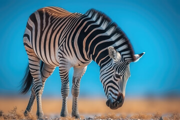 Fototapeta na wymiar African Safari Encounter. Captivating full body zebra with a striking pattern, isolated on blue pastel background. Copy space. Nature concept AI Generative