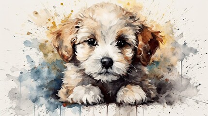 Watercolour illustration of a cute dog puppy, generative AI