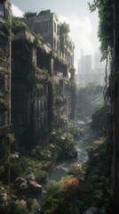 Fototapeta na wymiar Jungle ruins of a postapocalyptic city, generative AI