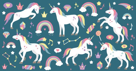 Cute unicorn set. Vector characters for birthday, invitation, baby shower card, kids t-shirts and stickers kit. Hand drawn nursery illustration.