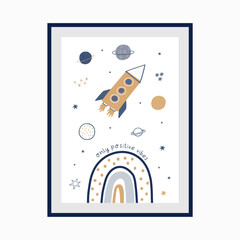 Cute cartoon hand drawn Space Explorer - vector print in doodle style. Universe, stars, planet and rocket. Awesome poster or card design