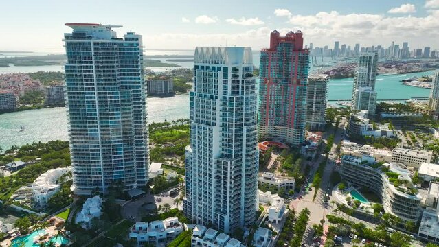 Miami Beach city with high luxury hotels and condos. High angle view of tourist infrastructure in southern Florida, USA