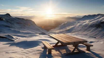 Poster Wooden table with panorama view on snowy mountain landscape, generative AI © Flowal93