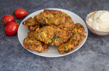 Mucver, Turkish traditional food. (Turkish cuisine) Homemade Food with Zucchini.