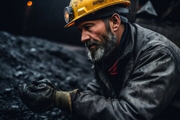A coal miner grasping a chunk of coal, with black dust on their face and work clothes, in a dimly lit mine. Generative AI - obrazy, fototapety, plakaty