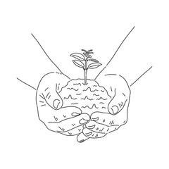 In two hands there is a handful of soil, through which a plant is sprouting. Hand-drawn vector illustration.