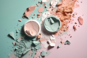 Colorful pastel eye shadow, crushed makeup cosmetic on light background. Blush and makeup powders. Without people. Illustration, Generative AI