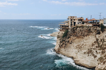 Beirut, Lebanon — 24.04.2023: Abandoned restaurant on the waterfront of Beirut overlooking the...