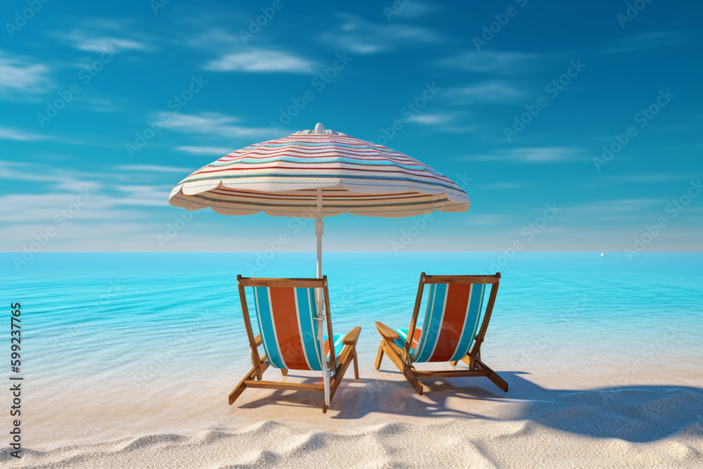 Poster A colorful beach umbrella and two beach chairs on a pristine sandy beach with crystal clear blue water in the background.  Generative AI technology.
