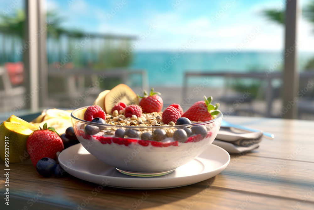 Poster a refreshing smoothie bowl topped with fresh fruits and nuts, sitting on an outdoor table with a vie