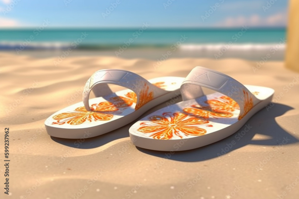 Poster a pair of trendy and comfortable flip flops, perfect for a day at the beach or lounging by the pool.