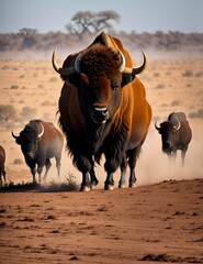 a bison standing in the middle of a dusty savannah