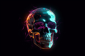 A neon skull with a black background, generative ai 