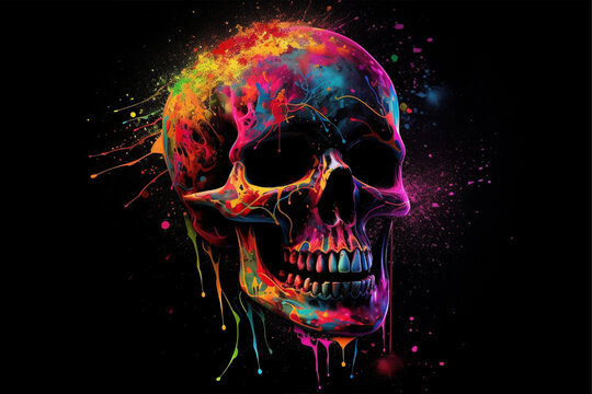 A colorful skull with a black background and a black background, generative ai 