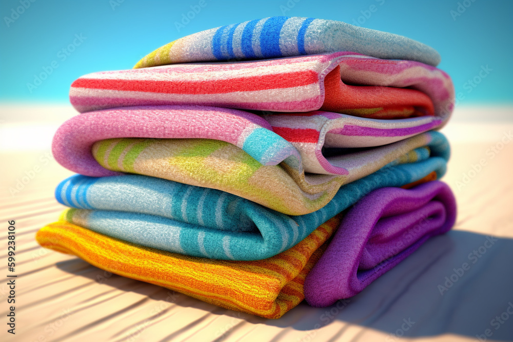 Aufkleber a stack of colorful and fun beach towels, ready to be used for a day in the sun.generative ai techno