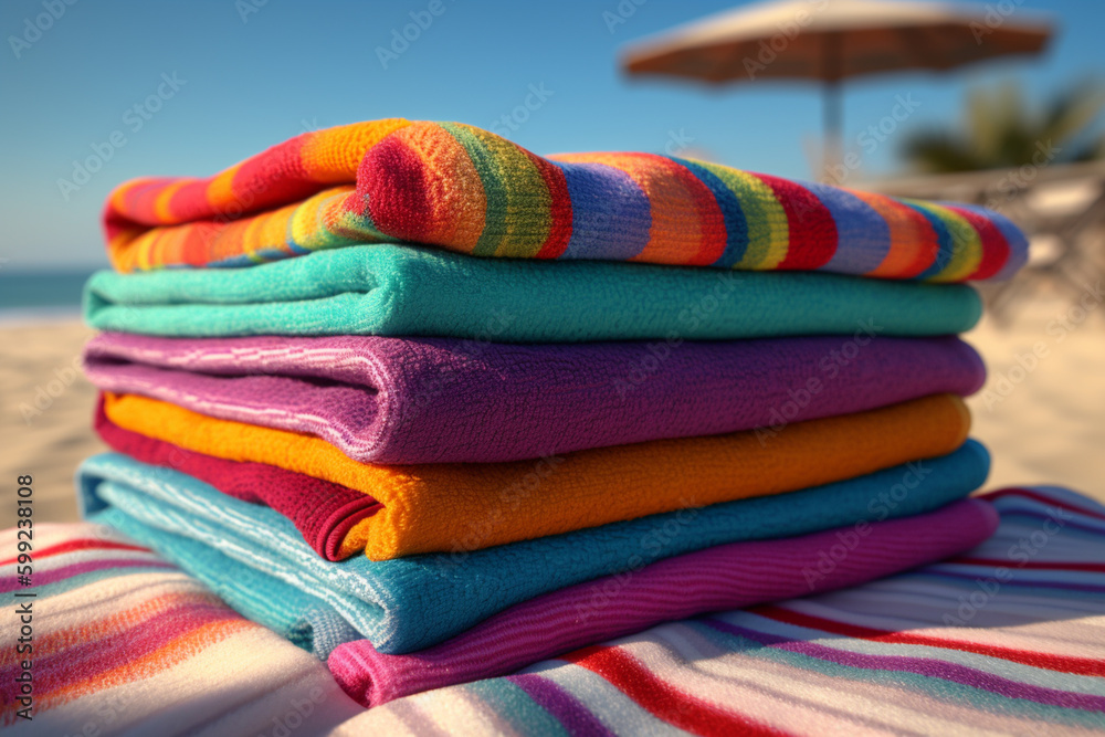 Poster a stack of colorful and fun beach towels, ready to be used for a day in the sun.generative ai techno