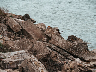 The nature of Latvia, the Gulf of Riga, pier, stone concrete