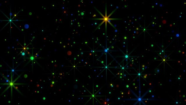Beautiful multi-colored star particles sparkling flying through the camera. light ray glowing shimmering radiance. Digital Art. Computer animation. Modern background. motion design. Loopable.LED 4K