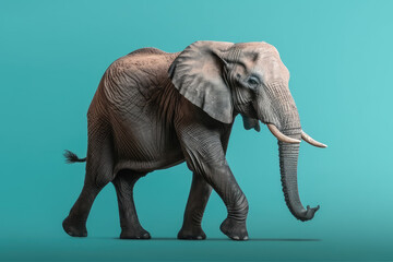 Fototapeta na wymiar Isolated Majestic Elephant Walking Against a Light Blue Background. Witness the magnificence of this gentle giant in its natural habitat. AI Generative