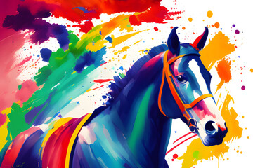 Fototapeta na wymiar Poster Abstract racing orse with jockey from splash of multicolored watercolor on white background. Illustration with paints. Generative AI.