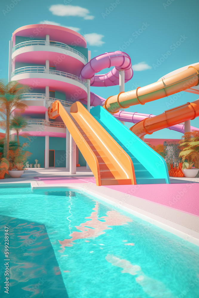 Poster A fun and colorful poolside slide. Generative AI technology.
