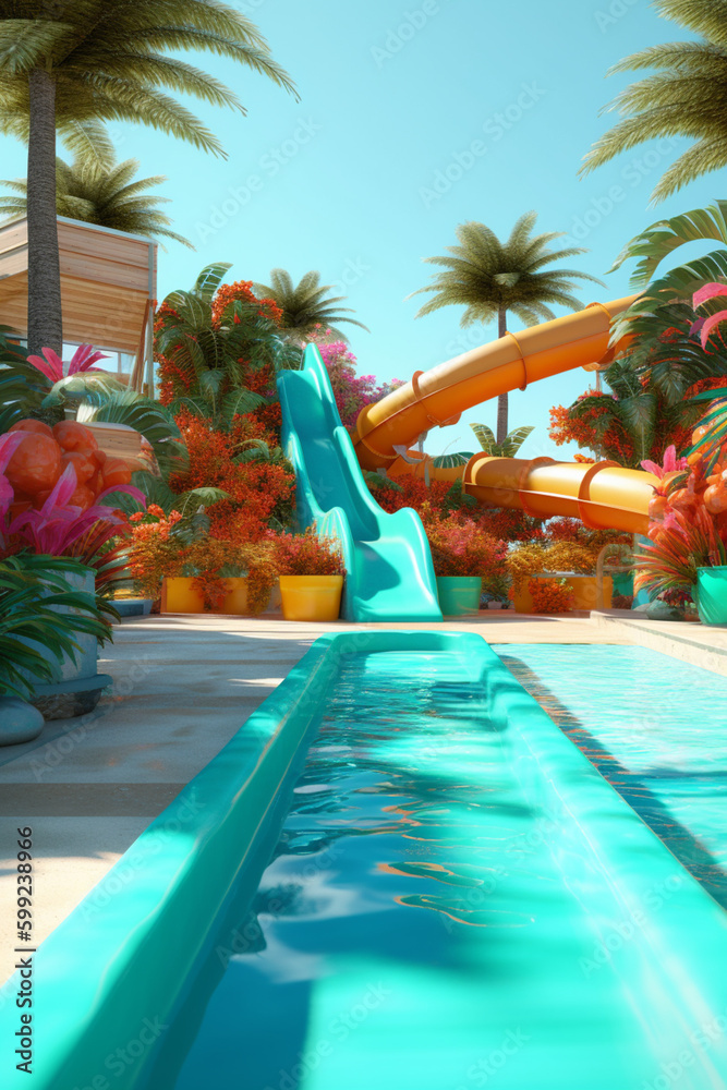 Poster a fun and colorful poolside slide. generative ai technology.